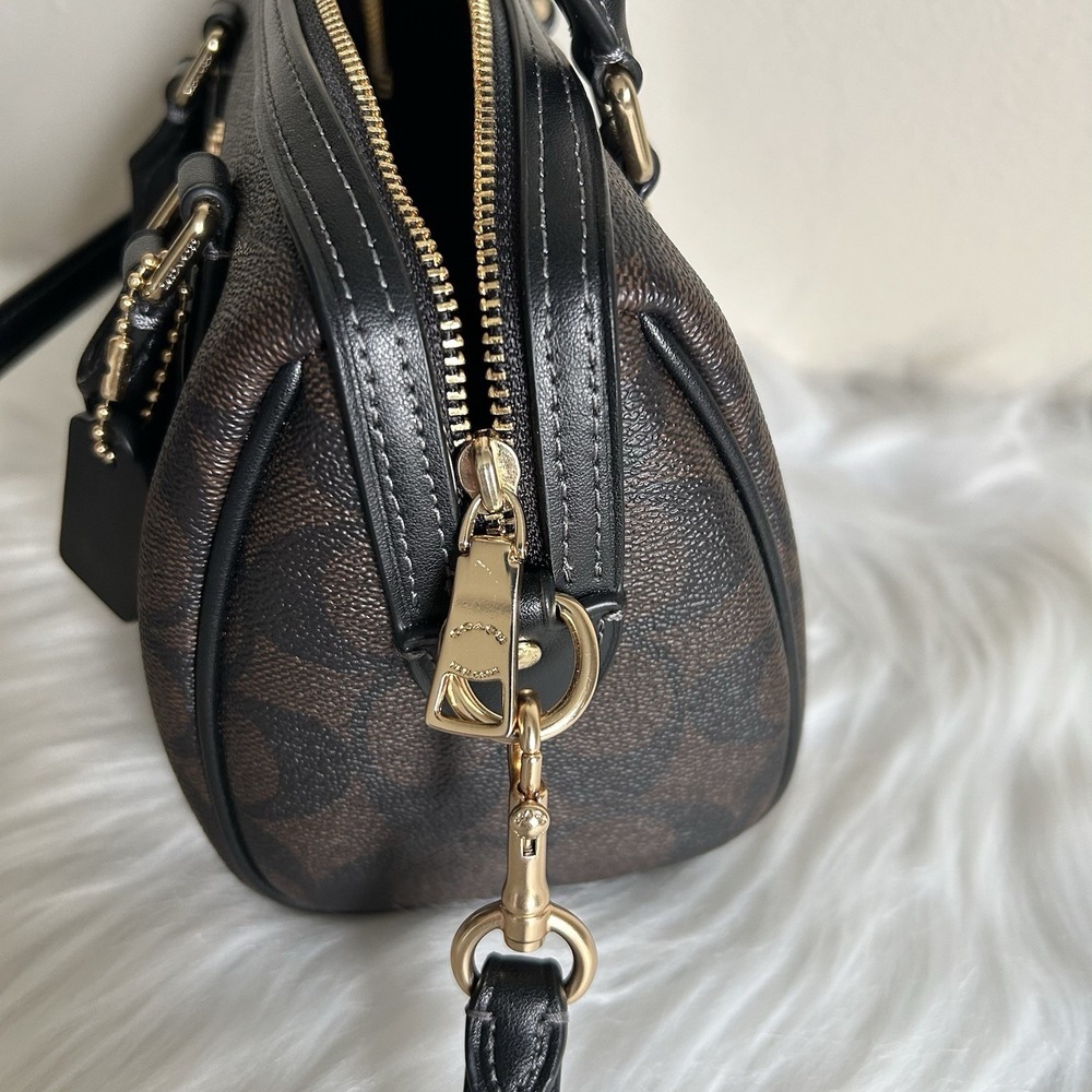 Coach Mini Rowan Brown Black Signature Canvas Leather Satchel Bag Excellent - Picture 7 of 9